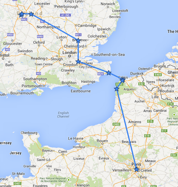 quicksteppers's tweet image. The team have declared at Paris! Here's a map of their hitching success #escape14