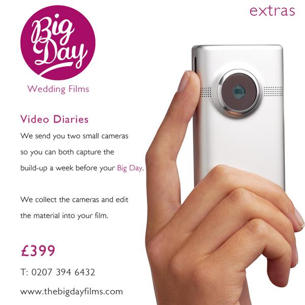 thebigdayfilms's tweet photo. Big Day Extras. Only valid with one of our packages. Video Diaries! http://t.co/1YB3np9dba