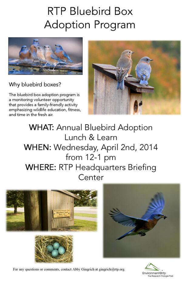 TheRTP_Programs's tweet photo. Love bluebirds? Want to contribute to Park conservation? Come to RTP's Bluebird Box Adoption Lunch this Wed! @TheRTP http://t.co/zVJANN4cQ9