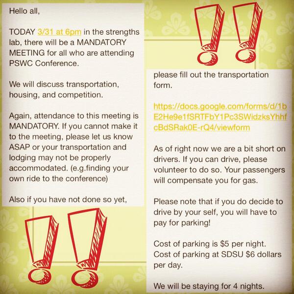 Mandatory Meeting today for those attending PSWC! 6pm Strengths lab!