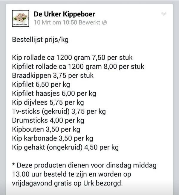 Bestellingen voor aankomend weekend kunnen weer worden doorgegeven. In de reclame 2 kg kip gehakt voor 7,50