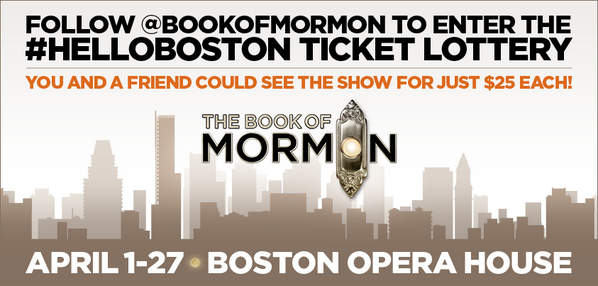 BookofMormon's tweet photo. RT &amp; follow to enter the #HelloBoston lottery for TUES 4/1! You could see the show for just $25! @BroadwayBoston 🎉👋👔 http://t.co/yMCvMgyRZ0