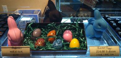 We’ve got chocolate bunnies and eggs for Easter. Preorder by April 13. Bunnies: $4.50 each. Eggs: $14.00/half dozen