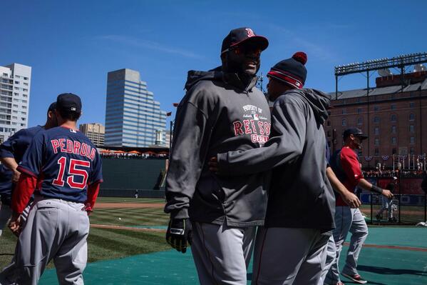 RedSox's tweet photo. Pre-game hug @davidortiz &amp; @XanderBogaerts. X is youngest Sox SS to start #OpeningDay since Everett Scott in 1914. http://t.co/x491Sc3kwF