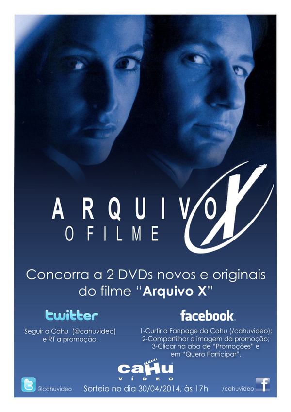 #promocahu TwitterDraw Promoção Cahu! Concorra a 2 DVDs do filme Arquivo X. Siga @cahu + RT no tweet. Sorteio 30/04.