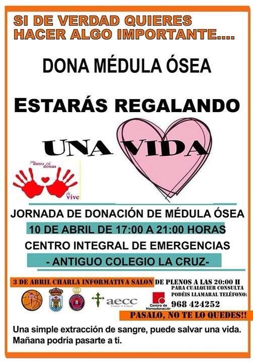 MedulaparaMateo's tweet photo. ¿Nos ayudáis a difundir? 10 de abril en #Totana (#Murcia) Jornada para donar medula osea http://t.co/k5bcK3RPTl #donamedula #donaVIDA