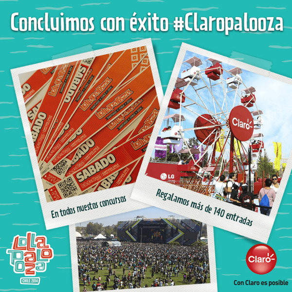 clarochile_cl's tweet photo. ¡Culminó #Claropalooza en #LollaCL! Regalamos más de 140 entradas.
¡GRACIAS! A todos por su participación. http://t.co/RpqxOUb768