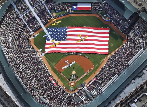 usatodaysports's tweet photo. This is the most American photo from Opening Day: http://t.co/2ZOlNMVk4b  (Pic via @dallasnews) http://t.co/9uJLgspbjM