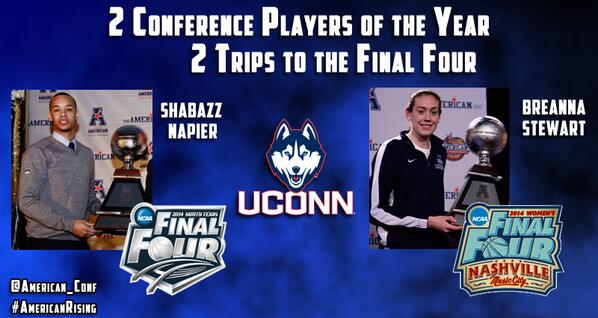 American_Conf's tweet photo. The conference will be represented in the Final Four on both sides.led by our POY's @UConnWBB and @UConnMBB are in http://t.co/7kRyzDzzZU