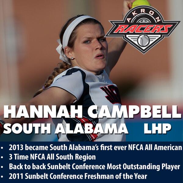 NationalProFastpitch (@profastpitch) on Twitter photo <a href="/profastpitch/">NationalProFastpitch</a>: And <a href="/AkronRacers/">Akron Racers</a> selects: Hannah Campbell from South Alabama! Let me hear it from you Akron Fans! <a href="/profastpitch/">NationalProFastpitch</a>: And <a href="/AkronRacers/">Akron Racers</a> selects: Hannah Campbell from South Alabama! Let me hear it from you Akron Fans!