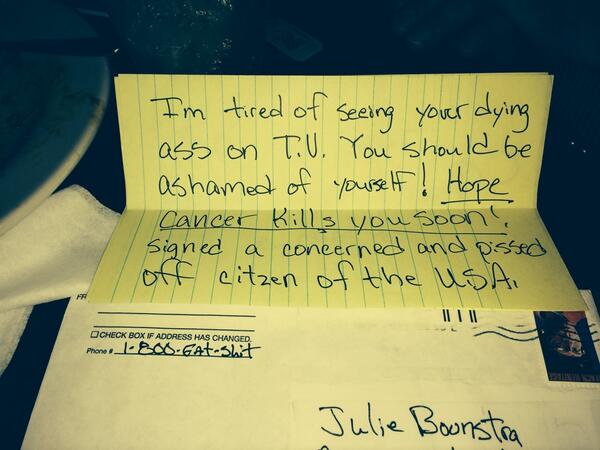 AFPhq's tweet image. This is an example of the mail the "tolerant" left sends cancer victim Julie Boonstra @AFPMichigan  h/t @SladeOBrien