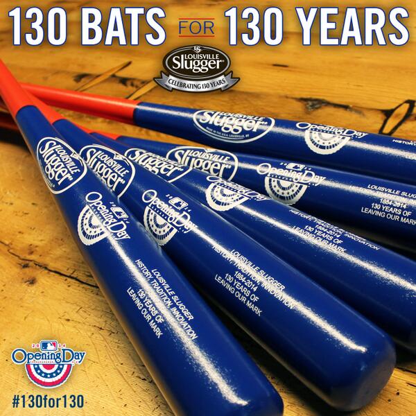 MLBNetwork's tweet photo. Celebrate #OpeningDay &amp; @sluggernation’s 130th year! RETWEET for chance at 1 of 130 limited edition bats! #130for130 http://t.co/d0viuPkY47