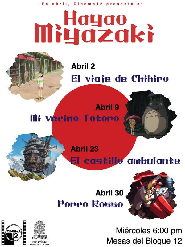 Cinemaclub12's tweet photo. Este mes en #UdeA, #HayaoMiyazaki se toma la @FComunicaciones, miércoles 6pm, mesas del bloque 12. ¡Todos invitados! http://t.co/wODP88fMbt