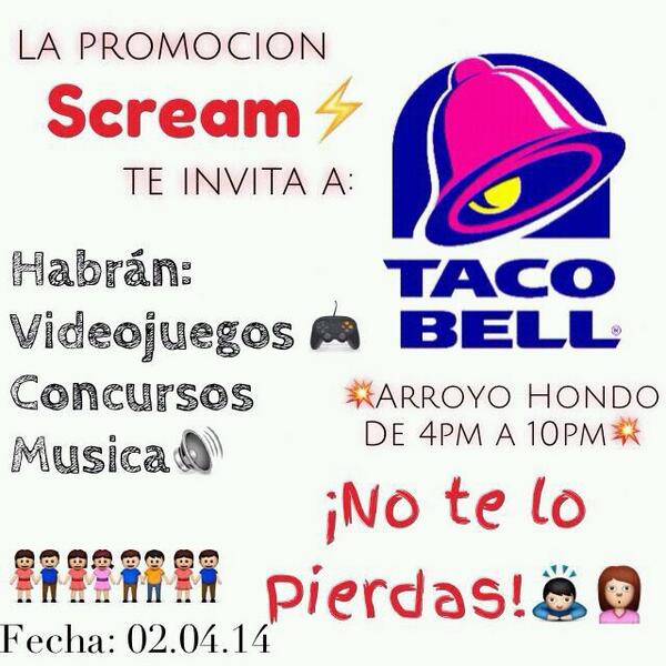 Scream14_'s tweet photo. Pasado mañana, ¡SÍ, ESTE MIÉRCOLES! Estamos en TACO BELL ARROYO HONDO de 4-10pm. ¡Ven, acompañanos! http://t.co/hhhSFxTjsV