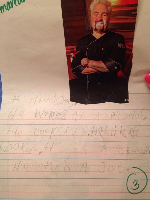 ChellPorter's tweet photo. Look what my big boy did at school!! He knows what a good chef is 🍴 @GuyFieri #learningtowritesentences #smartkid http://t.co/vr62PDnn9d