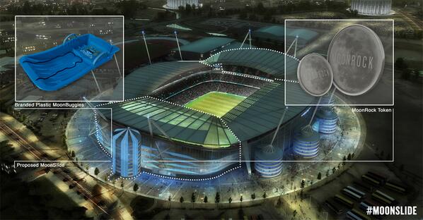 ManCity's tweet photo. ANNOUNCEMENT: 1,200 foot #moonslide set to adorn the Etihad Stadium in Spring 2015. Full story http://t.co/nYCjRlnVx9 http://t.co/lgOHCZTrOV