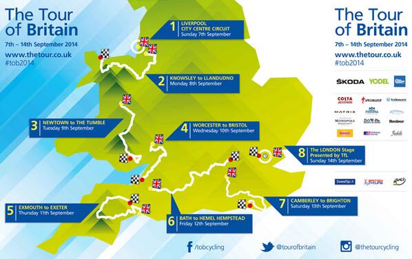roadcc's tweet photo. Tour of Britain 2014 route…#Liverpool start, stage town inc: #Bristol #Bath #Brighton http://t.co/GPwm26n5vf #cycling http://t.co/mnjHMsT7st