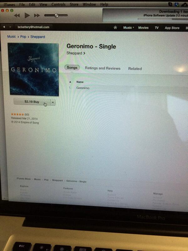 BrendanCameron_'s tweet photo. Just purchased @wearesheppard new song #geronimo killer track! Get on it! #killinit http://t.co/rrHLtPK68O