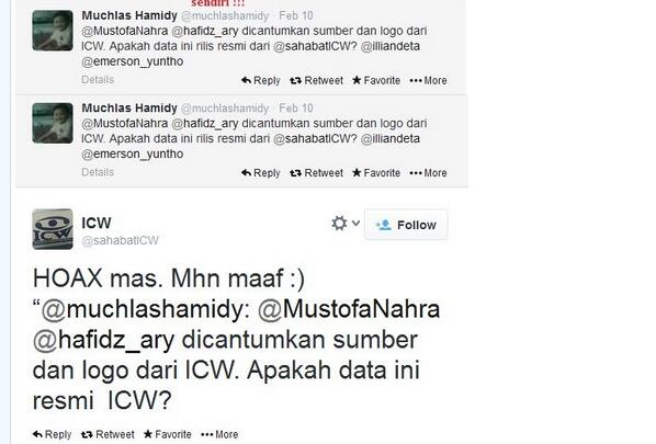 abdulhanifrizky's tweet photo. "@KicauPemilu:Tak tnggung2, Bhkan ICW mlalui akun resmi @sahabatICW mnyatakan grafik tsb adlh HOAX #StopKampanyeHOAX http://t.co/RimXHowsej"