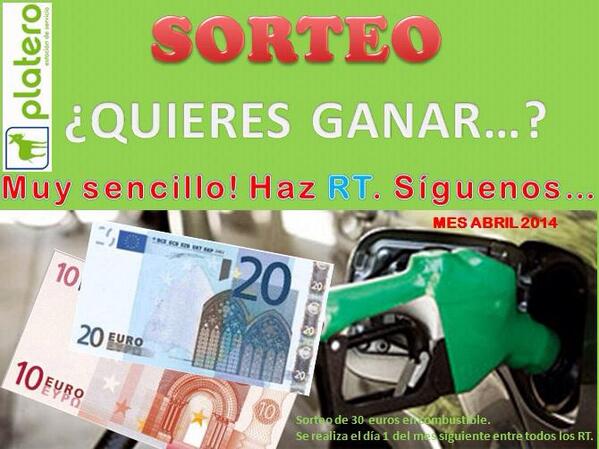 ESplateroSA's tweet photo. Comenzamos este mes con un Nuevo Sorteo con un vale de 30€ combustible. Premio directo! Quieres participar? RT!🚗😄👏 http://t.co/4CZUqFl5u0