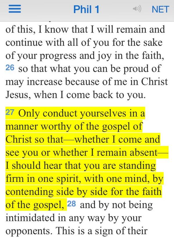 BethMooreLPM's tweet photo. Good gospel posture: "standing firm in 1 spirit, with 1 mind, by contending side by side for the faith of the gospel" http://t.co/PCfYo7CFRz