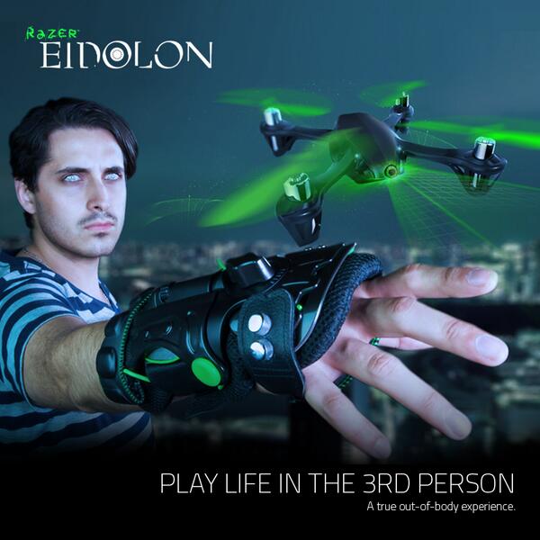 Razer's tweet image. Play life in the 3rd person with the Razer Eidolon – The World’s First Wearable Drone System - rzr.to/eidolon