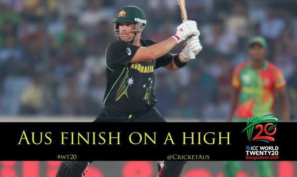 cricketcomau's tweet photo. George Bailey ends the match with a six, defeating Bangladesh by seven wickets to finish the #wt20 on a high http://t.co/PzMWsQNDgz