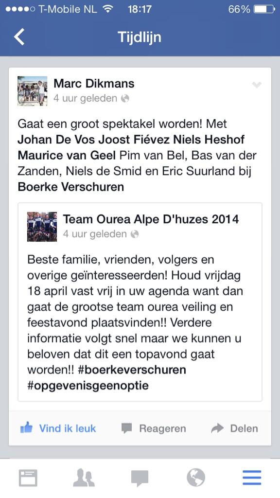 Veiling &amp; feestavond @BoerkeVerschuren 18 april!!! #opgevenisgeenoptie #alpedhuzes <a href="/joostfievez/">Joost Fiévez</a> <a href="/MauricevanGeel/">Maurice van Geel</a>