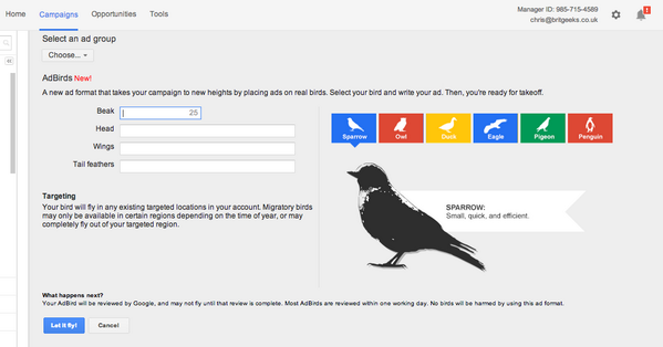 Britgeeks's tweet photo. Well done Google, very funny! #AdBirds #AdWords #AprilFool http://t.co/d2fy6ffZFP