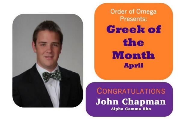 OrderofOmegaCU's tweet photo. Congratulations John Chapman for being our April Greek of the Month! A true hero of the Greek community! http://t.co/nmWRFPUvc6