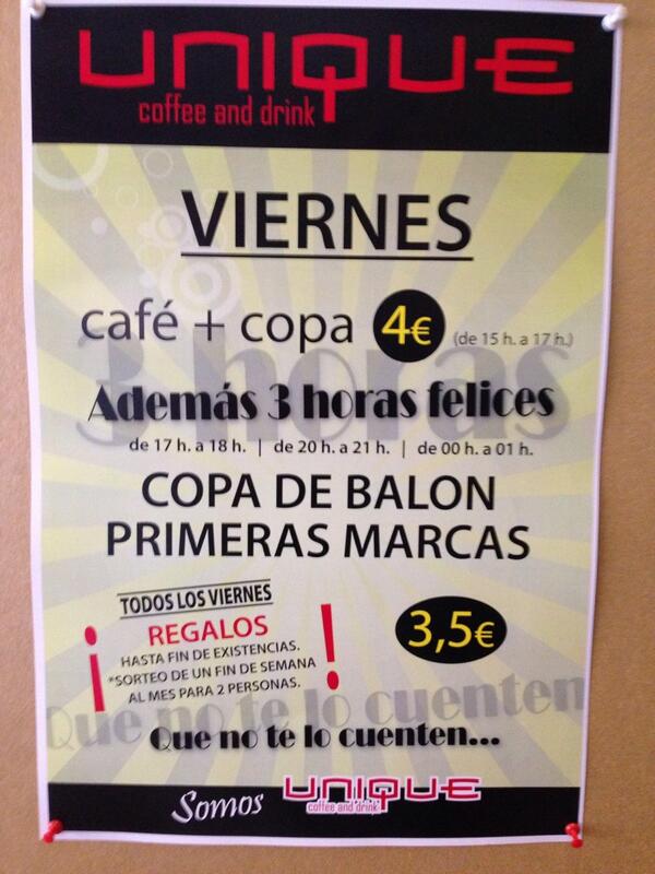 uniqueCD's tweet image. NUEVOS VIERNES UNIQUE!cafe+copa 4€ y 3horas felices 3'5€ copa balon y sorteo de 1viaje para dos personas mensual!!!