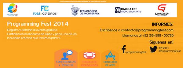 ProgrammingFest's tweet image. ¡Buenos días! ¡Te invitamos a participar en el Programming Fest 2014! #PF14 #ProgrammingFest #tecnologia #videojuegos