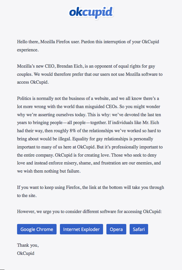 LGBTCenterNYC's tweet photo. What are your thoughts on OkCupid's message to Firefox users? http://t.co/i340CUphjO http://t.co/LIuG3WDj2x