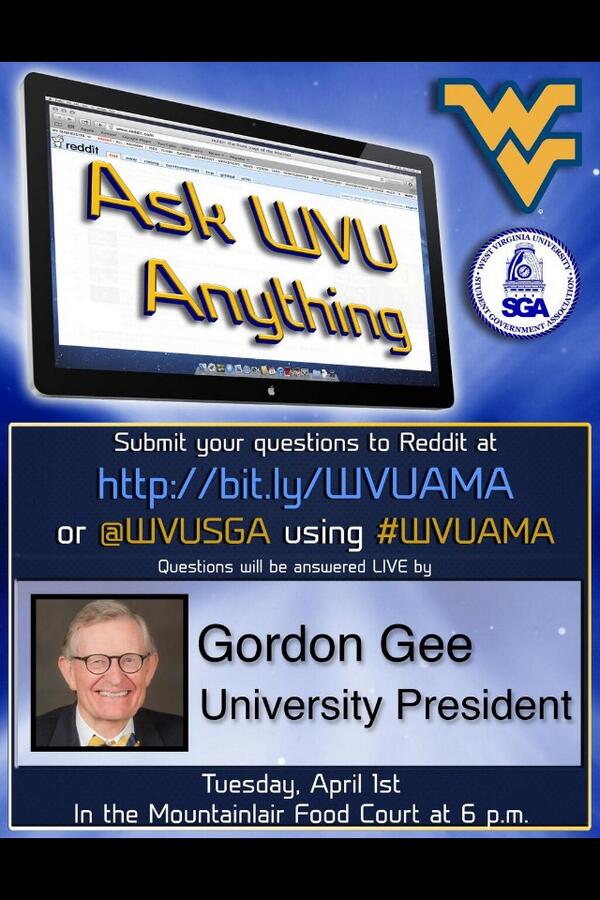 sgawvu's tweet image. Not an April Fool's Joke: @gordongee will be in the @Mountainlair answering your questions at 6 PM! @WestVirginiaU