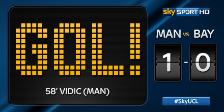 SkySport's tweet photo. GOL Il #Manchester si porta in vantaggio grazie a #Vidic al 58°! #ManchesterBayern 1-0 #SkyUCL http://t.co/era16SmapR