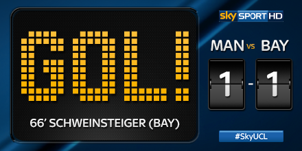 SkySport's tweet photo. GOL Azione meravigliosa del #Bayern che trova subito il pareggio con #Schweinsteiger! #ManchesterBayern 1-1 #SkyUCL http://t.co/zWG7IQ11F0