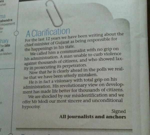 A clarification in Pune Mirror signed by all journalists and anchors saying sorry to Modi. @mediacrooks. Kya ho gaya? 