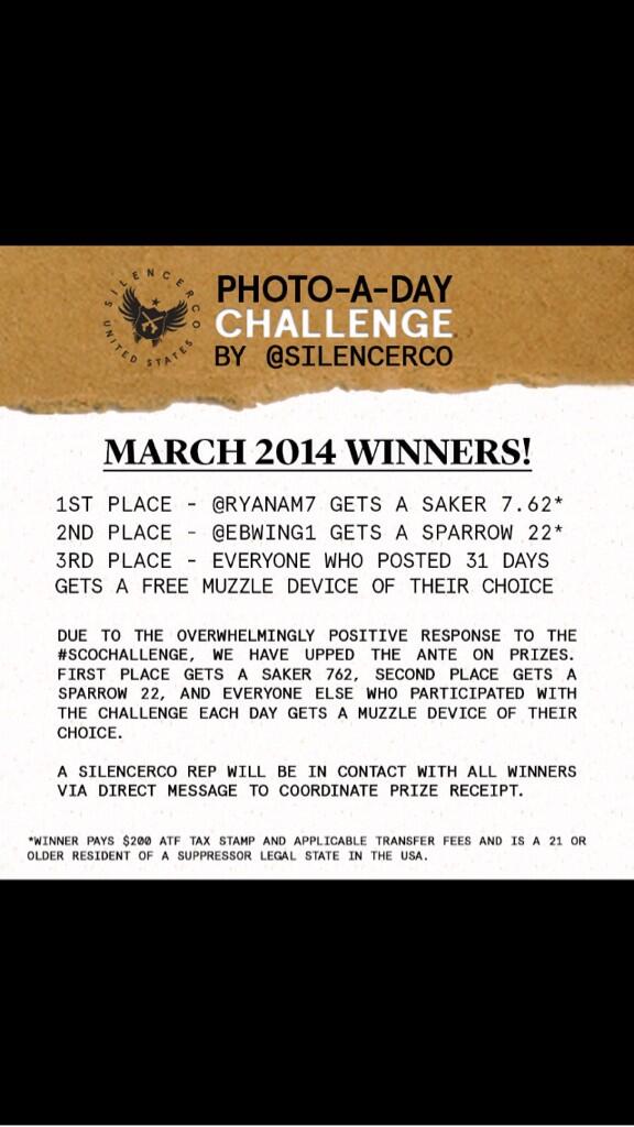 silencerco's tweet photo. The #scochallenge has drawn to a close! Here are the winners - check our Instagram page for further details. http://t.co/yCUOn81akD