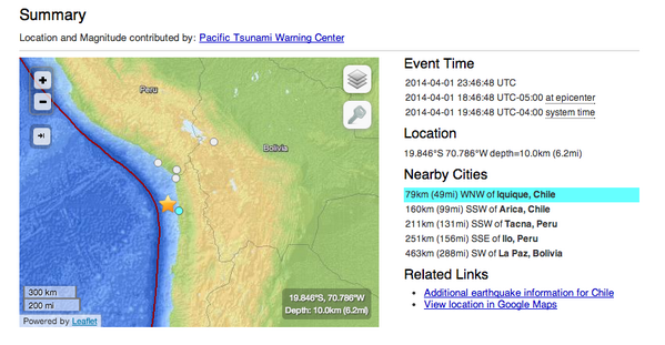 NewsBreaker's tweet image. 8.0 magnitude earthquake strikes 49 miles WNW of Iquique, Chile bit.ly/1lmsn5A - @BuzzFeedStorm