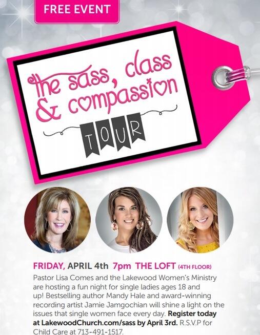 TheSingleWoman's tweet photo. HOUSTON! Join me & @jaimejamgochian for the FINAL stop on the #SassClassCompassionTour this Fri night at @lakewoodch! http://t.co/GVlwcIoN1Y