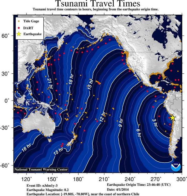 CNNEE's tweet photo. Este mapa ilustra los tiempos de viaje del tsunami en horas desde el sitio del sismo http://t.co/AdAfWXe7Ol (@NOAA) http://t.co/jdua3VUIZo