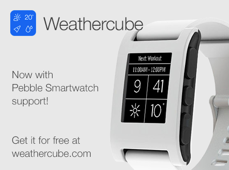 Weathercubeapp's tweet photo. #Weathercube now supports #Pebble Smartwatch. Check the weather on your wrist. Free download @ http://t.co/5ds8aihzh6 http://t.co/yZxAlQJ6Uo