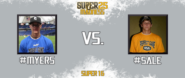 The 1st <a href="/PerfectGameUSA/">Perfect Game USA</a> #Super25Madness matchup features Wil Myers v. Chris Sale. Reply with #Myers or #Sale to vote.