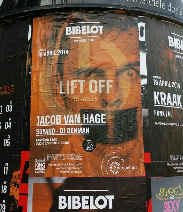 LiftOffEvent's tweet photo. Lift Off #toliveon op de plakborden @JacobVanHage @djsuyano #denman @Bibelot http://t.co/q7p8PHspD1