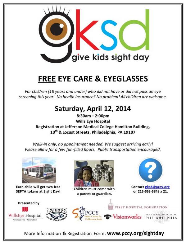 Give Kids Sight Day-FREE Eye Care &amp; Eyeglasses. For more info-> Kory Aversa at gksd@pccy.org or call 215-563-5848 x21