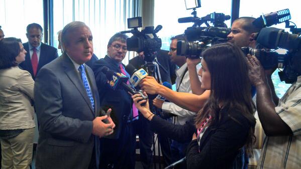 Reporters interview <a href="/MayorGimenez/">Mayor Carlos A. Gimenez</a> at the 10 a.m. signing of Int’l marine industries agreement tinyurl.com/mz5wqc9