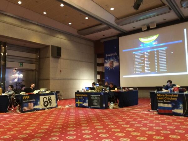 kernelpool's tweet image. PPP and HFS currently in first and second place with 7 hours to go #codegate #ctf