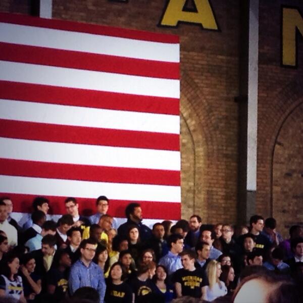 Spotted <a href="/rEDesignUofM/">rEDesign at UofM</a> co-President @MikeMaizendBlue waiting on stage for <a href="/BarackObama/">Barack Obama</a>! #luckyduck #POTUSatUMich