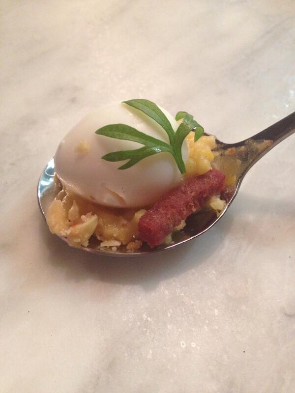 kgdc1's tweet photo. Kacamak: traditional Turkish cornmeal porridge, soujouk sausage, poached quail egg. Perfect for brunch! http://t.co/NAHSGvfJlQ