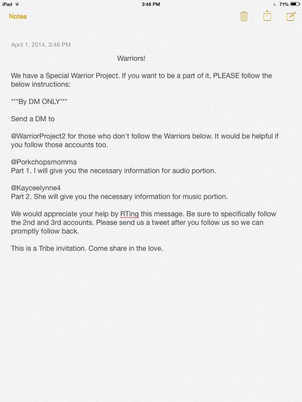 WarriorProject2's tweet image. #Warriors! We have a Warrior Project underway. Come be a part of it. Please read the entire note. Talk with you soon!